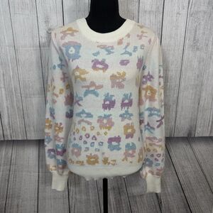 Fate Women's Large White Multicolor Abstract Print Long Sleeve Pullover Sweater